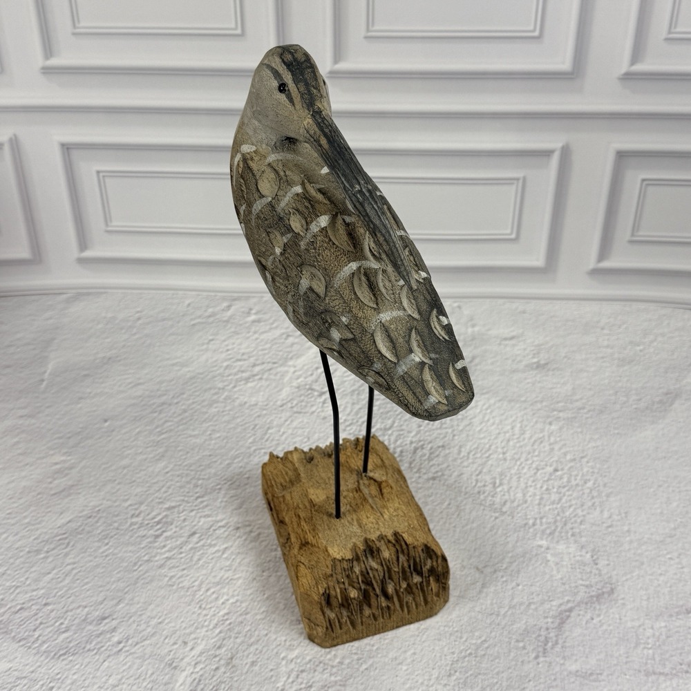 Hand Carved Wooden Egret Shorebird Sculpture Coastal Beach Decor Rustic Bird Art - Picture 5 of 16